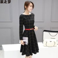 裳之梦2015秋装新款女装中长款修身显瘦系腰带一字领格子长袖连衣裙9498
