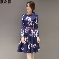 裳之梦2015秋装新款中长款长袖连衣裙修身时尚印花中裙圆领女装9499