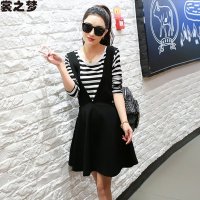 裳之梦2015秋装新款连衣裙条纹背带裙两件套装女韩版韩国半身裙潮中长款9507