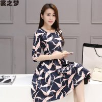 裳之梦2015秋装新款七分袖小鸟印花连衣裙女修身显瘦中长款打底裙9511