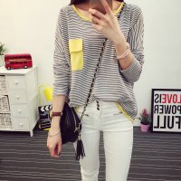裳之梦2015秋装新款 韩版宽松拼接条纹T恤长袖女装学生打底衫潮 T002