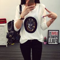 裳之梦2015秋装新款韩版钉珠T恤宽松显瘦圆领休闲印花棉长袖t恤女装T007