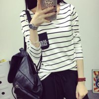 裳之梦2015新款秋装大码女装条纹t恤口袋女长袖修身韩版纯棉打底衫 T017