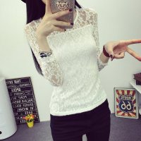 裳之梦秋季新品打底衫中长袖t恤 女款2015韩版上衣大码蕾丝雪纺衫 T053