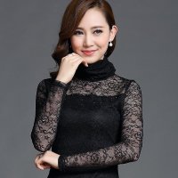 裳之梦2015秋季新款修身显瘦大码高领蕾丝镶钻网纱打底衫长袖t恤女 T074