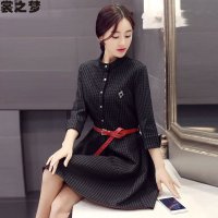 裳之梦2015秋装新款连衣裙气质修身格子七分袖时尚显瘦收腰连衣裙女新款9522