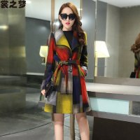 裳之梦2015秋装新款女呢子大衣修身格子外套撞色中长款毛呢外套9524