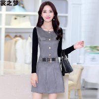 裳之梦2015秋装新款女装打底裙子韩版修身A字裙长袖毛线拼接针织连衣裙9527