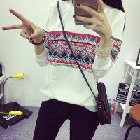 裳之梦新款加绒长袖T恤女民族风印花大码上衣宽松显瘦休闲韩版女装T112