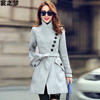 裳之梦2015秋冬新款韩版中长显瘦修身系带立领呢子大衣女9558