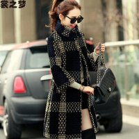 裳之梦2015秋冬新款毛呢外套女韩版修身中长款七分袖立领毛线粗花呢外套9583