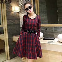 裳之梦2015秋冬新款韩版时尚OL气质英伦格子连衣裙加厚打底裙9596