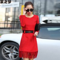 裳之梦2015秋冬新款小香风流苏连衣裙女装长袖修身中长款打底裙9600