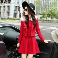 裳之梦2015秋冬新款韩版小香风短款长袖毛呢连衣裙套装9611