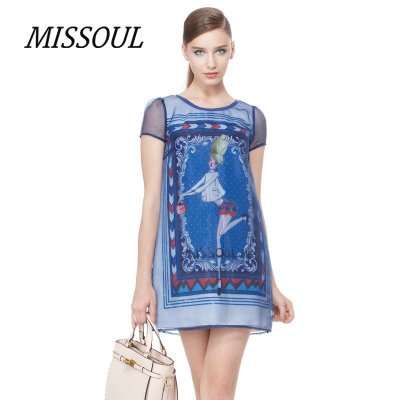 missoul米素2015专柜时尚印花气质网纱短袖连衣裙