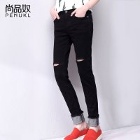 尚品奴2016新款夏季女士个性破洞牛仔裤弹力显瘦卷边黑色直筒长裤