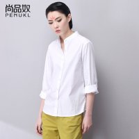 尚品奴2016春季新款韩版白色立领衬衫 女纯棉宽松休闲纯色白衬衣