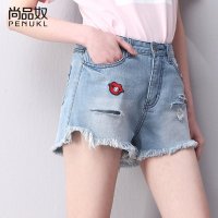 尚品奴2016新款夏季女士破洞牛仔短裤女趣味印花休闲直筒显瘦热裤