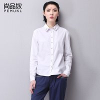 尚品奴2016春夏装新款白色长袖衬衫 女纯棉方领直筒百搭白衬衣 女