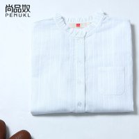 尚品奴2016春夏装白色立领衬衫女 纯棉提花面料直筒荷叶领白衬衣