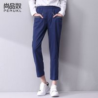 尚品奴2016春季新品宝蓝色休闲裤 女 棉布文艺绣花九分裤直筒裤潮