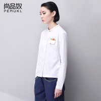 尚品奴2016春季新款白色绣花衬衫女 长袖小立领直筒百搭纯棉衬衣