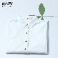 尚品奴2016春季新款白色长袖衬衫 女纯色休闲棉质直筒百搭白衬衣