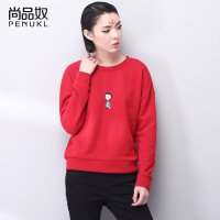 尚品奴2016春季新款红色套头卫衣女 长袖宽松圆领绣花文艺T恤上衣