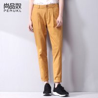尚品奴2016春季新款黄色纯棉休闲裤女文艺棉布哈伦裤修身直筒长裤