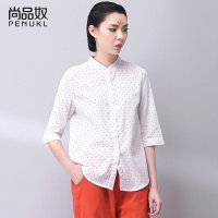 新款2016春夏装中袖白色立领衬衫 女纯棉宽松直筒半袖五分袖衬衣