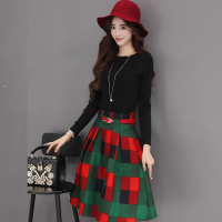 走来甜甜2016秋季新款女装时尚气质名媛长袖圆领带腰带格子裙套装裙