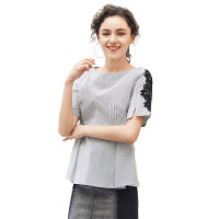 艾莱依2019春夏新款条纹蕾丝小衫女收腰显瘦短款上衣601822110