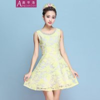 奥芊洛 2015春夏新款 韩版气质镶钻欧根纱修身蕾丝蓬蓬连衣裙圆领背心大摆裙【货到付款】