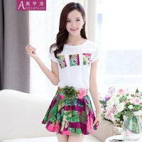 奥芊洛 2015夏装新款女装时尚印花短裙套装短袖T恤半身裙两件套连衣裙【货到付款】