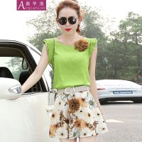奥芊洛2015夏季新款女装时尚显瘦棉麻两件套连衣裙韩版碎花短裙圆领短袖套装【货到付款】