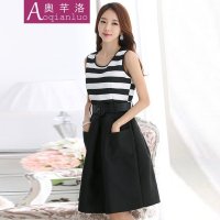 奥芊洛2015夏款新款韩版背心条纹拼接修身显瘦口袋大摆蓬蓬连衣裙