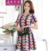 奥芊洛2015年夏季新款修身收腰连衣裙中长款几何图印花连衣裙女百褶裙