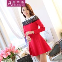 奥芊洛2015春装新款时尚气质简约纯色长袖收腰显瘦打底连衣裙蕾丝拼接裙子