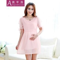 奥芊洛 夏季韩版时尚孕妇装大码女装袖口蝴蝶结短袖孕妇连衣裙雪纺圆领孕妇百褶裙【货到付款】