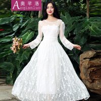 奥芊洛2015夏季女蕾丝大摆超长连衣裙宫廷裙花边连衣裙蕾丝网纱沙滩长裙【货到付款】女神装