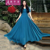 奥芊洛2015夏季女装美妃同款淑女连衣裙雪纺大摆拖地长裙短袖高腰沙滩长裙【货到付款】女神装