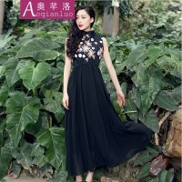 奥芊洛2015夏季新款绣花修身雪纺蕾丝长裙气质高领大摆连衣裙蕾丝裙 沙滩长裙【货到付款】