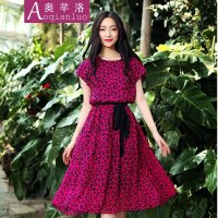 奥芊洛2015夏季新款韩国豹纹中裙 加大宽松 收腰系带腰带裙圆领大码女装短袖大摆雪纺连衣裙