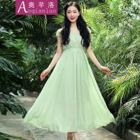 奥芊洛2015夏季新款蕾丝小半袖收腰超长裙蕾丝雪纺拼接大摆连衣裙沙滩高腰长裙【货到付款】