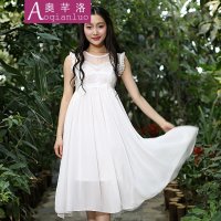 奥芊洛2015夏季新款蕾丝修身连衣裙小礼服裙 性感镂空无袖中裙黑雪纺大摆连衣裙【货到付款】
