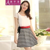 奥芊洛2015夏装新款韩版修身雪纺连衣裙女短袖黑白条纹拼接A字裙OL连衣裙【货到付款】
