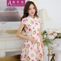 奥芊洛 2015夏季新款时尚甜美娃娃领欧根纱3D印花气质淑女连衣裙短袖蓬蓬裙【货到付款】