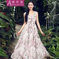 奥芊洛2015夏雪纺连衣裙沙滩裙淑女印花雪纺拖地长裙女装背心沙滩大摆长裙【货到付款】女神装