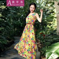 奥芊洛女2015夏季新款简约连衣裙花朵背心裙 度假三亚连衣裙印花雪纺大摆长裙背心长裙女神装
