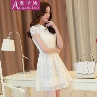 奥芊洛2015年夏季新款韩版时尚甜美小方领蕾丝花边气质修身短袖连衣裙【货到付款】
